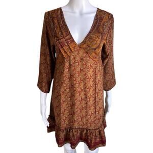 Arabesque 100% Silk Paisley Boho Mini Dress Womens M V Neck Festival Flowy